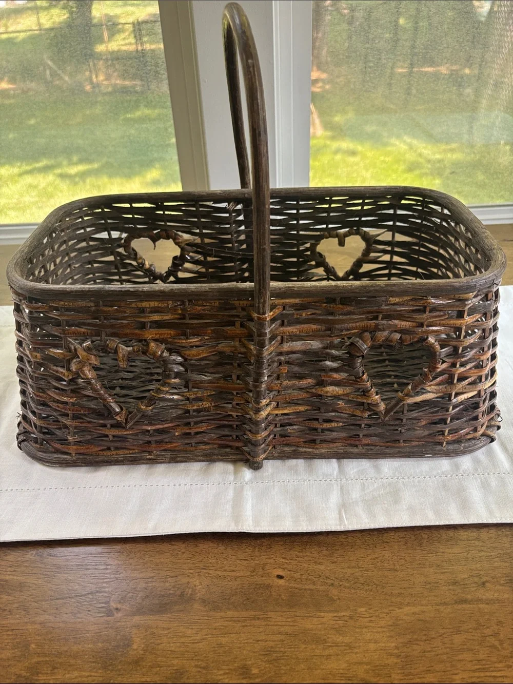 Vintage Woven Wicker Basket with Heart Cutouts 17”x9.5” Cottagecore